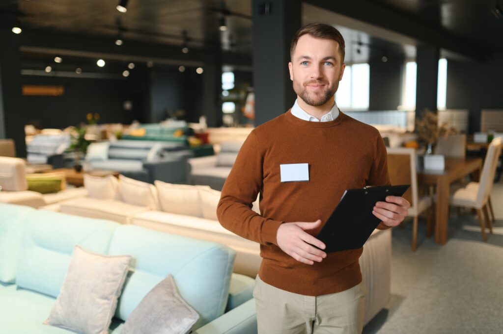 Consulente d’arredamento in showroom mentre presenta soluzioni per arredamenti casa a Napoli.